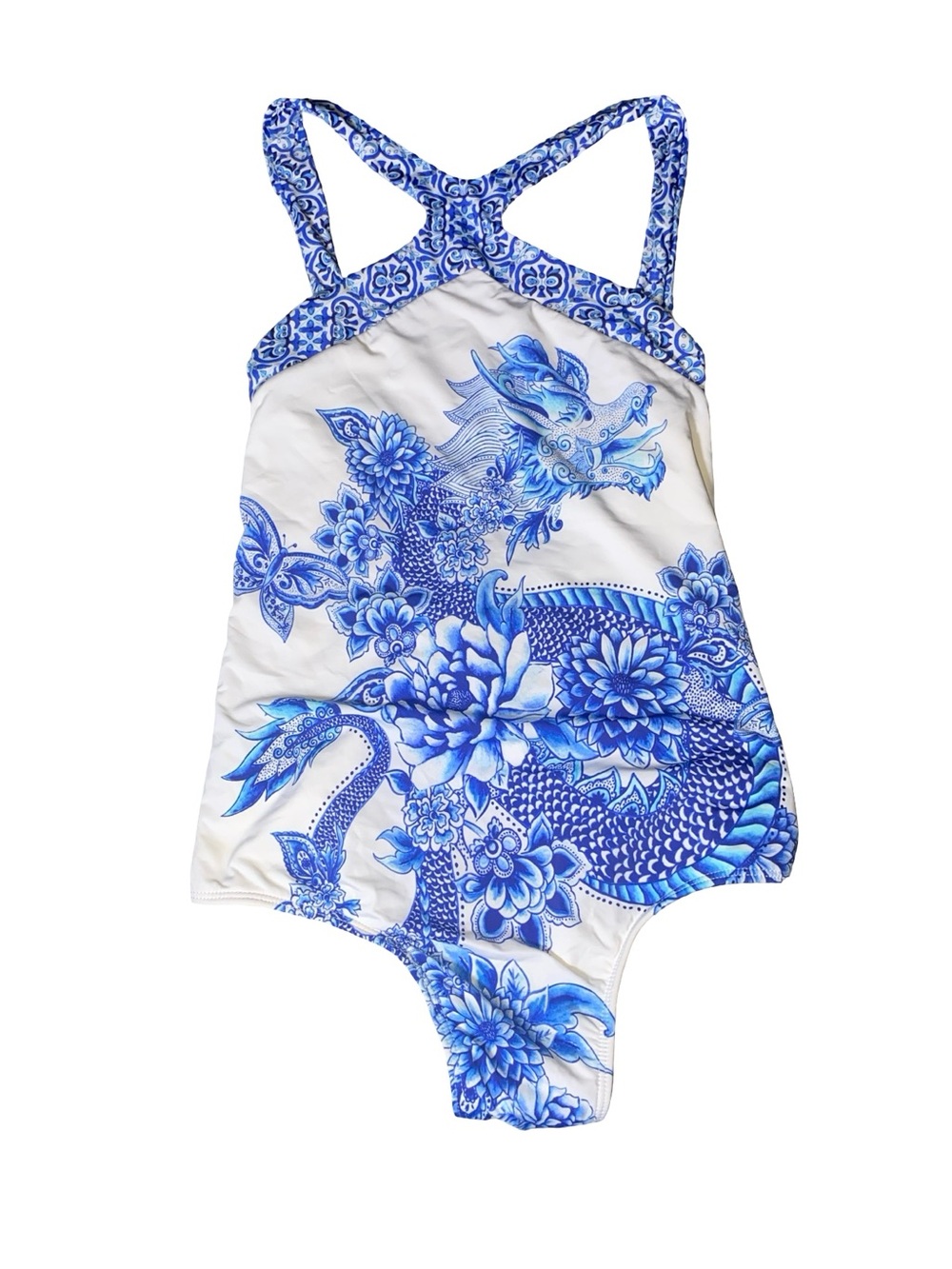 Farm Rio Praia Blue White Dragon Floral One Piece Swimsuit Cross Neck runs small - Picture 2 of 5